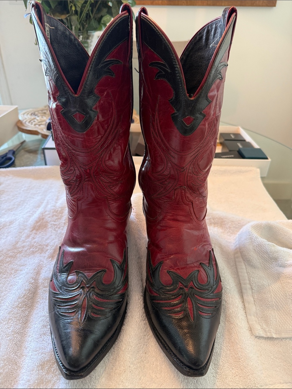 Men's Red and Black Leather Western Cowboy Boots